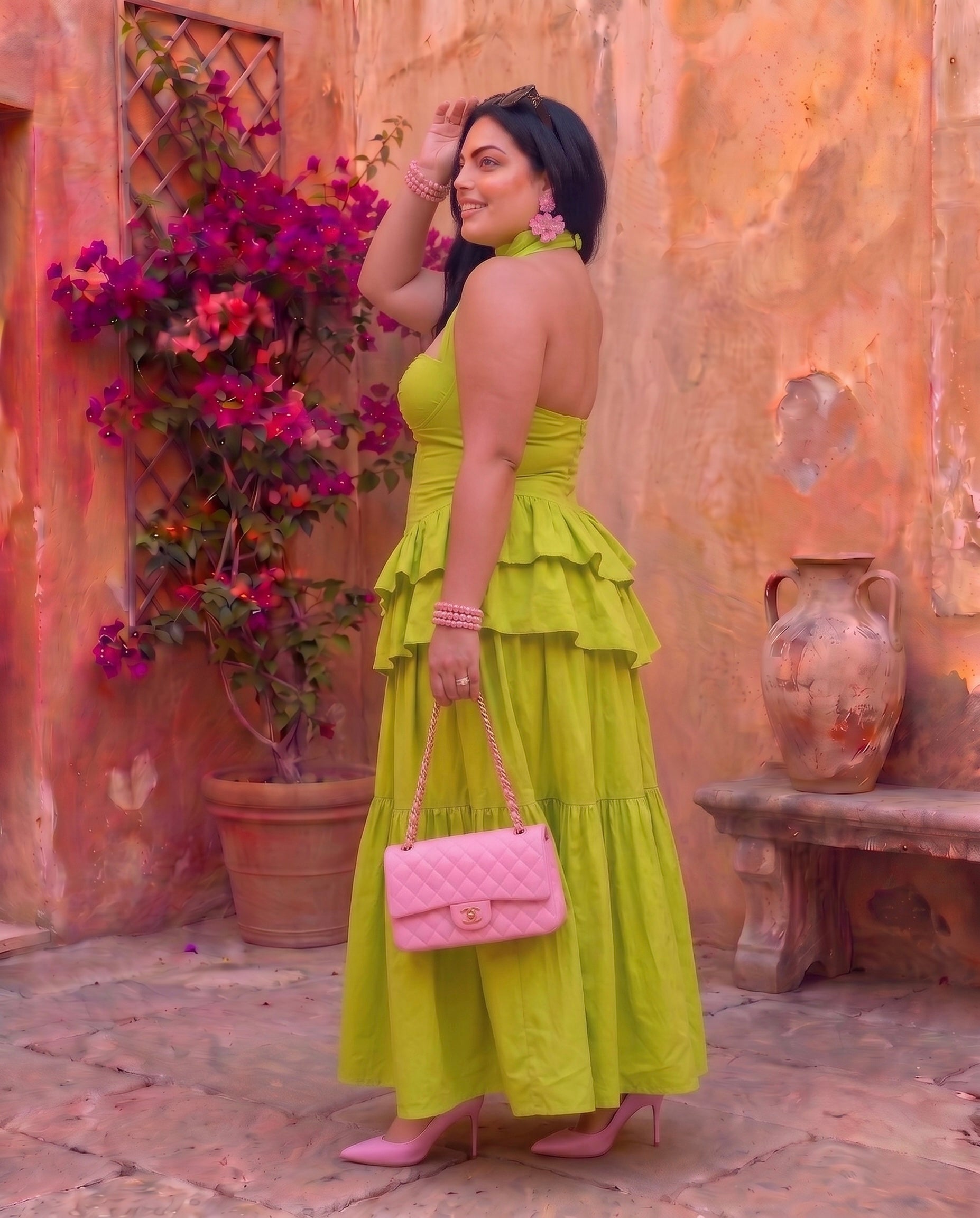 Lime Blossom Ruffle Maxi Dress Moonstruck
