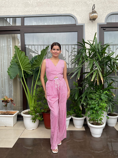 Red Stripped Waist-coat with Drawstring Pants Set