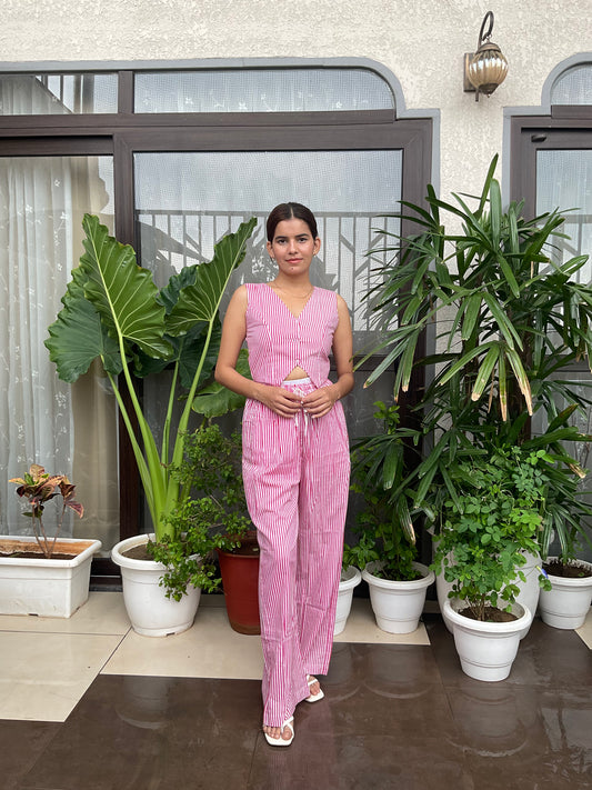 Red Stripped Waist-coat with Drawstring Pants Set