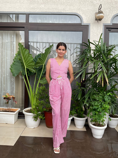 Red Stripped Waist-coat with Drawstring Pants Set