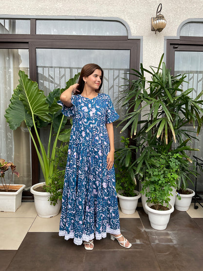 Lace Hem Blue Maxi Dress