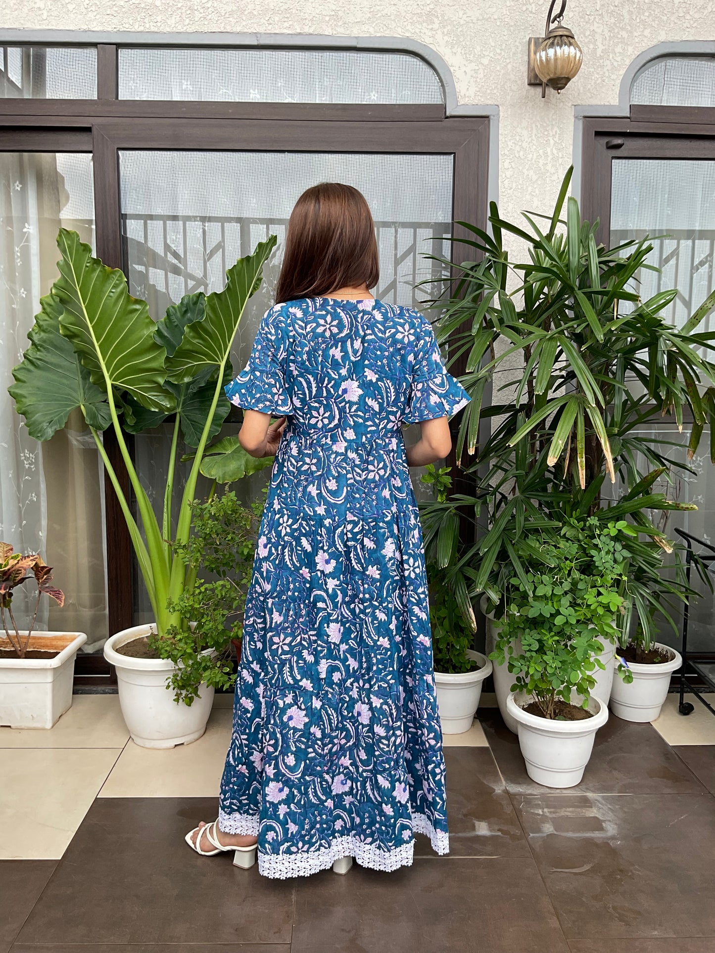 Lace Hem Blue Maxi Dress