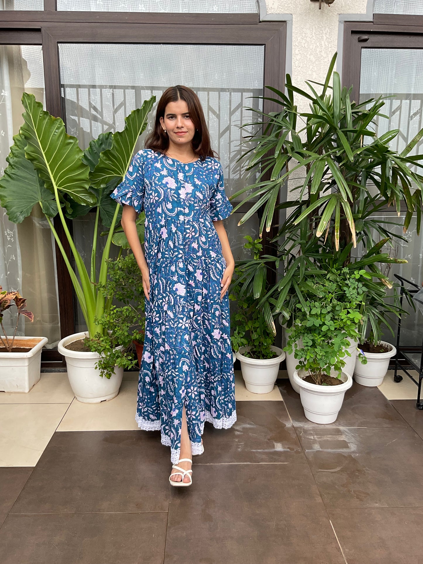 Lace Hem Blue Maxi Dress