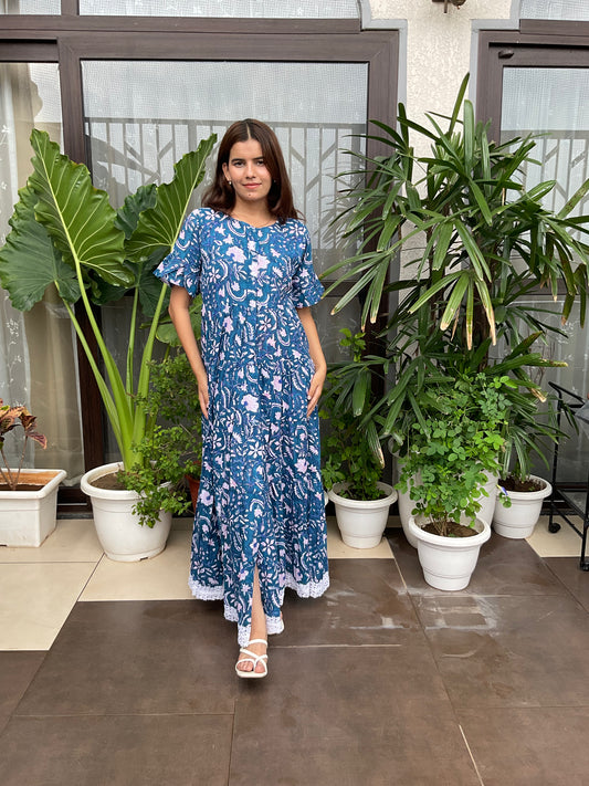 Lace Hem Blue Maxi Dress