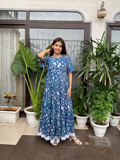 Lace Hem Blue Maxi Dress