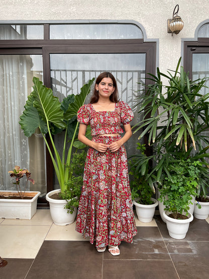 Red Full Floral Maxi Skirt with Peplum Crop Top Set