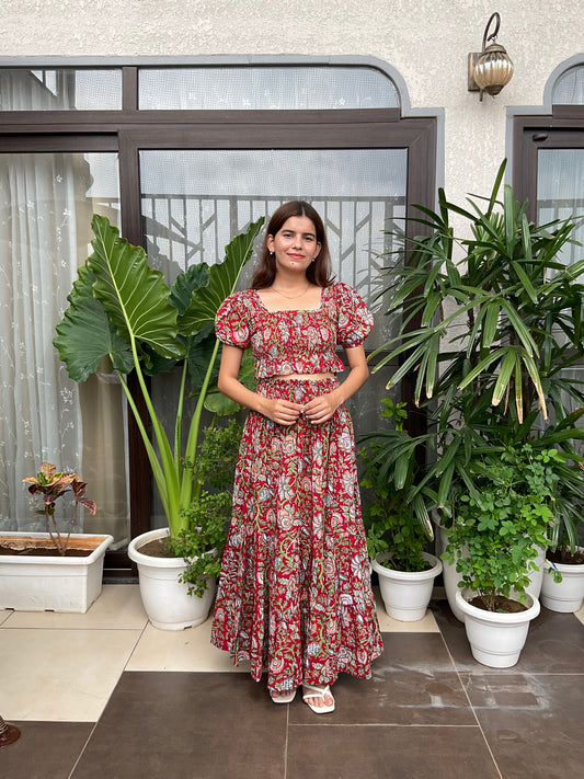 Red Full Floral Maxi Skirt with Peplum Crop Top Set