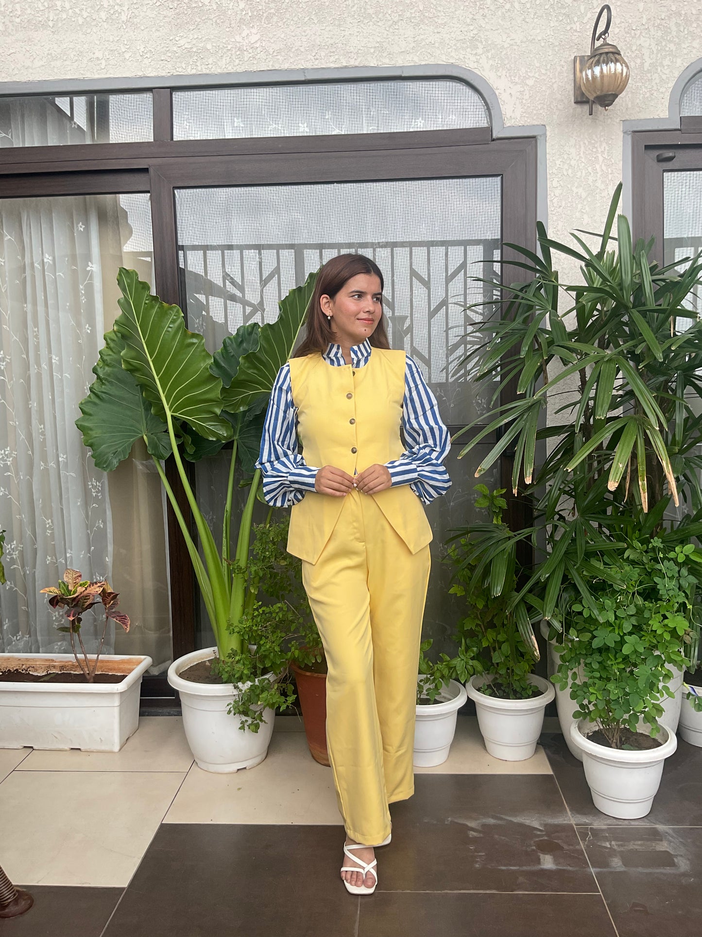 Contrast Blue Stripped Shirt with Yellow Co-ord Set