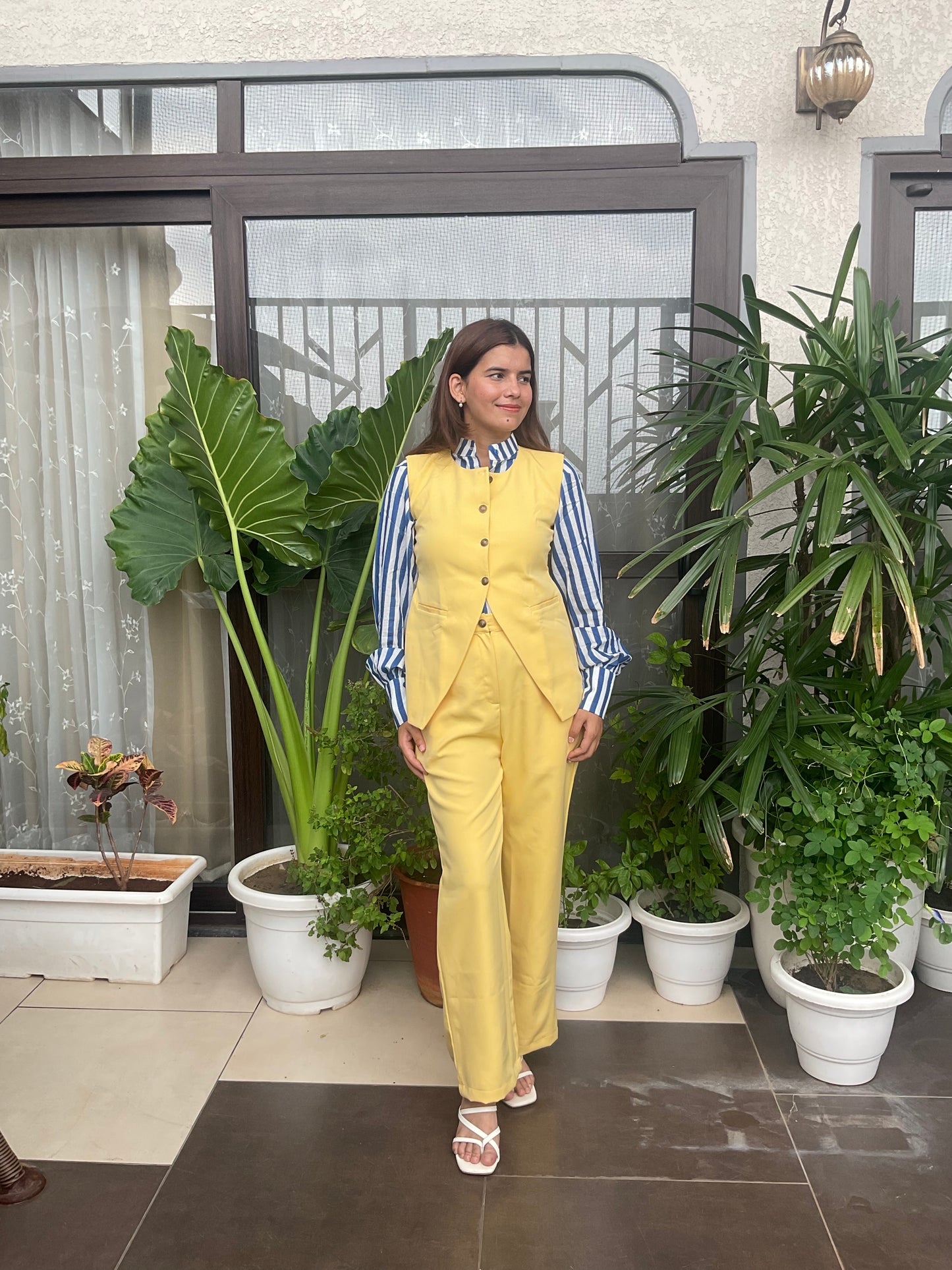 Contrast Blue Stripped Shirt with Yellow Co-ord Set