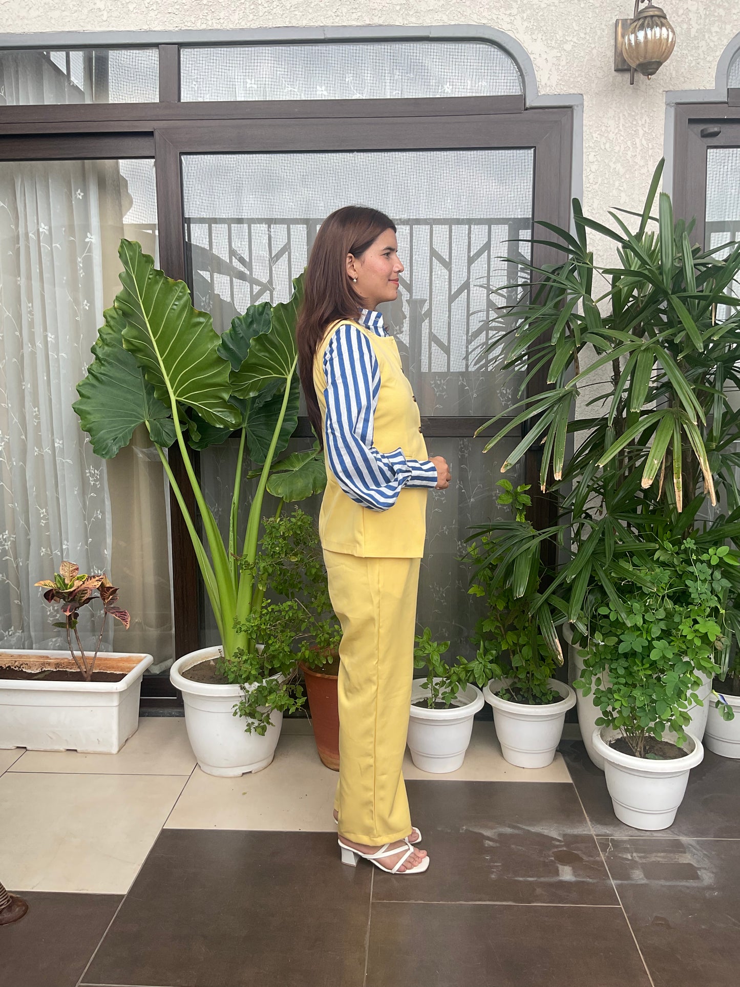 Contrast Blue Stripped Shirt with Yellow Co-ord Set