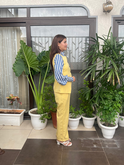 Contrast Blue Stripped Shirt with Yellow Co-ord Set