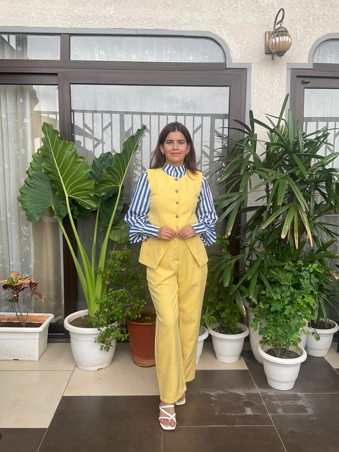 Contrast Blue Stripped Shirt with Yellow Co-ord Set