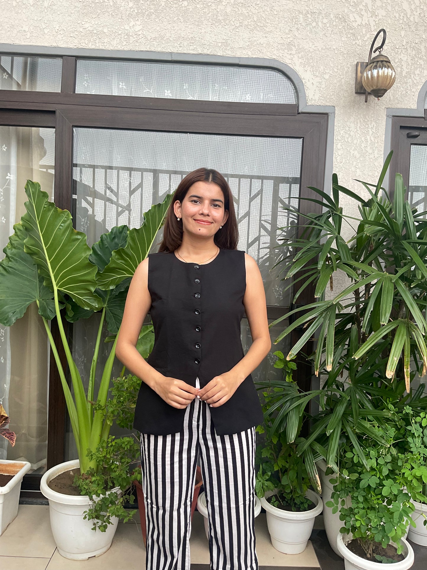 Black & White Stripped Pants with Black Waist Coat Set