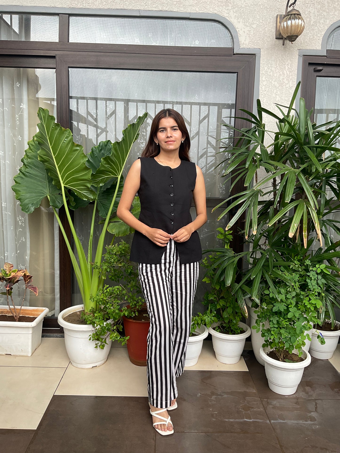 Black & White Stripped Pants with Black Waist Coat Set