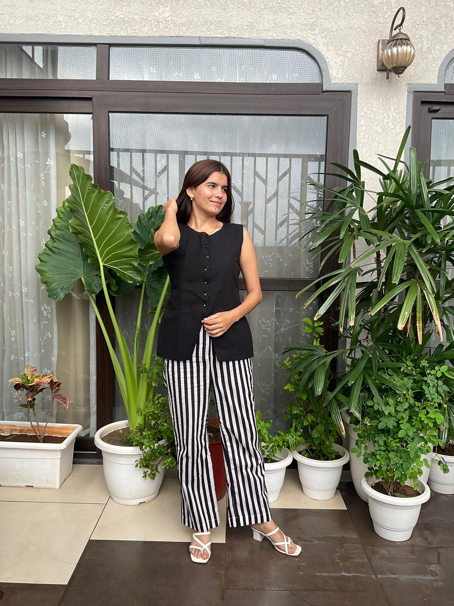 Black & White Stripped Pants with Black Waist Coat Set