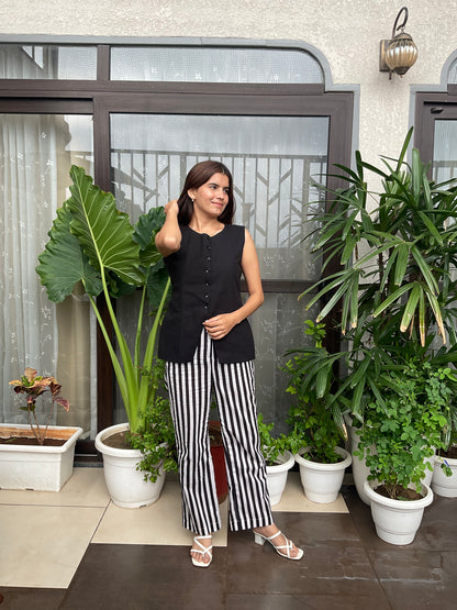 Black & White Stripped Pants with Black Waist Coat Set