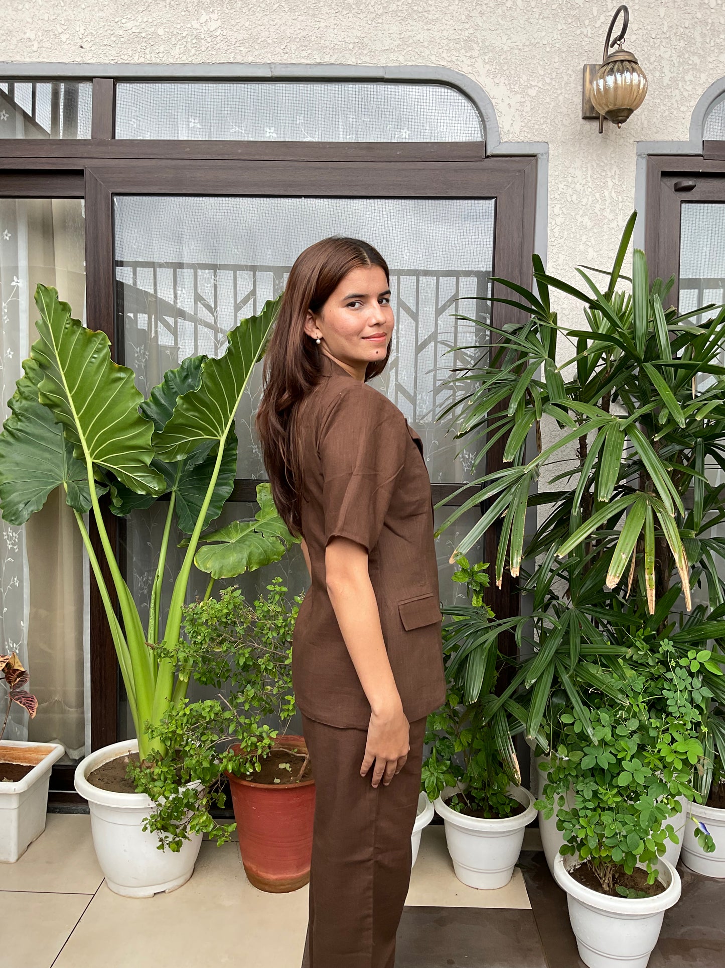 Tan Brown Half Blazer with Pants Set