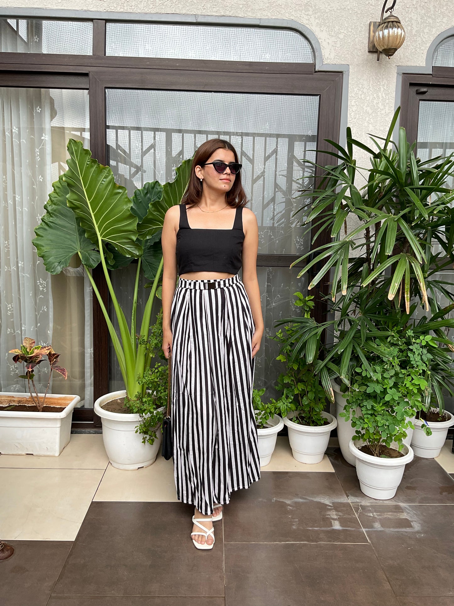 B/W Stripped Skirt with black Crop Top Co-ord Set