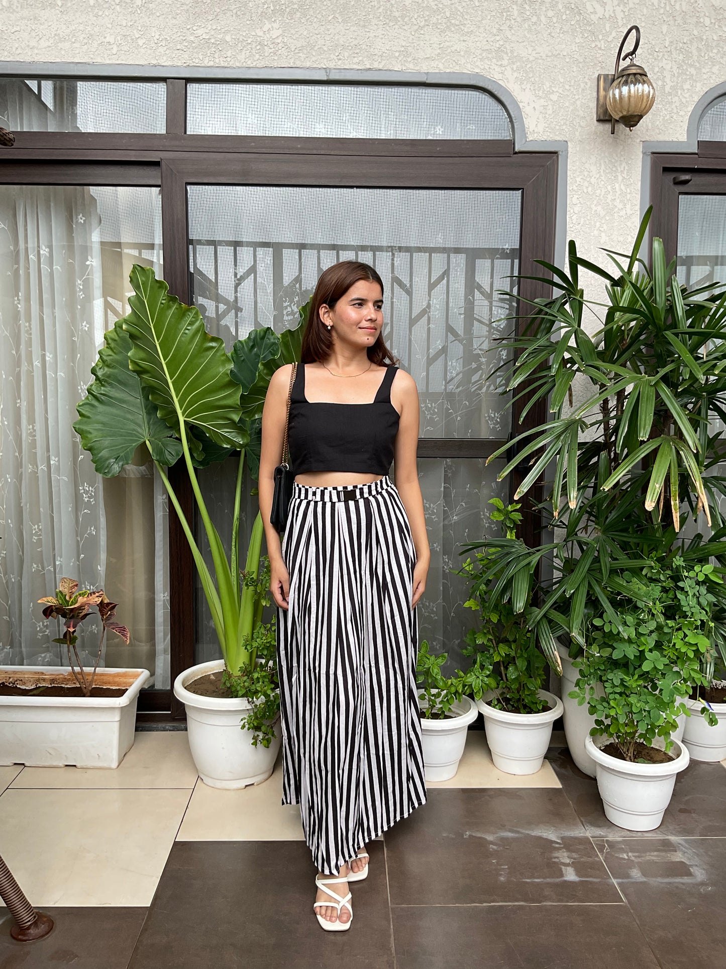 B/W Stripped Skirt with black Crop Top Co-ord Set