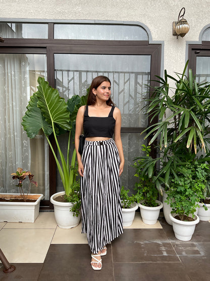 B/W Stripped Skirt with black Crop Top Co-ord Set