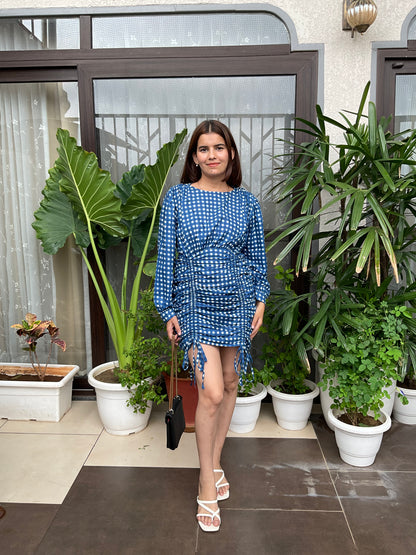 Blue Checkerred Pull-up Knot Short Dress