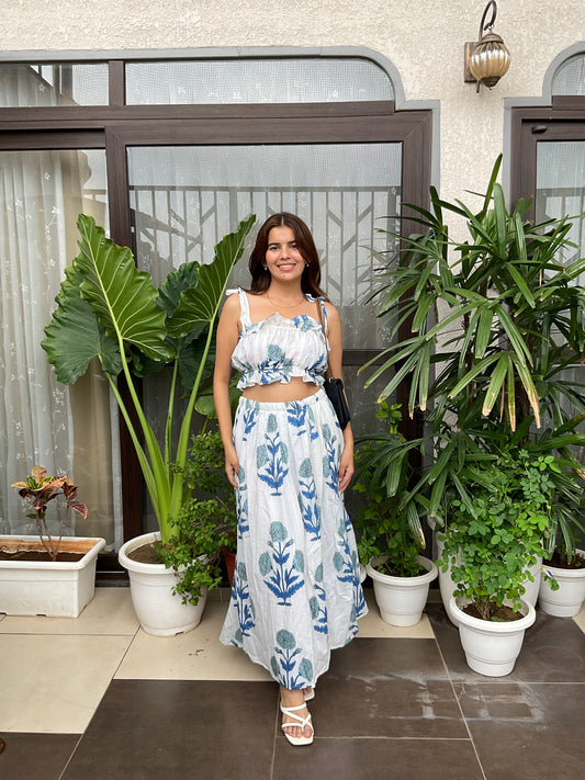 Jaipuri Print Shoulder Tie-knot Crop Top & Skirt Set
