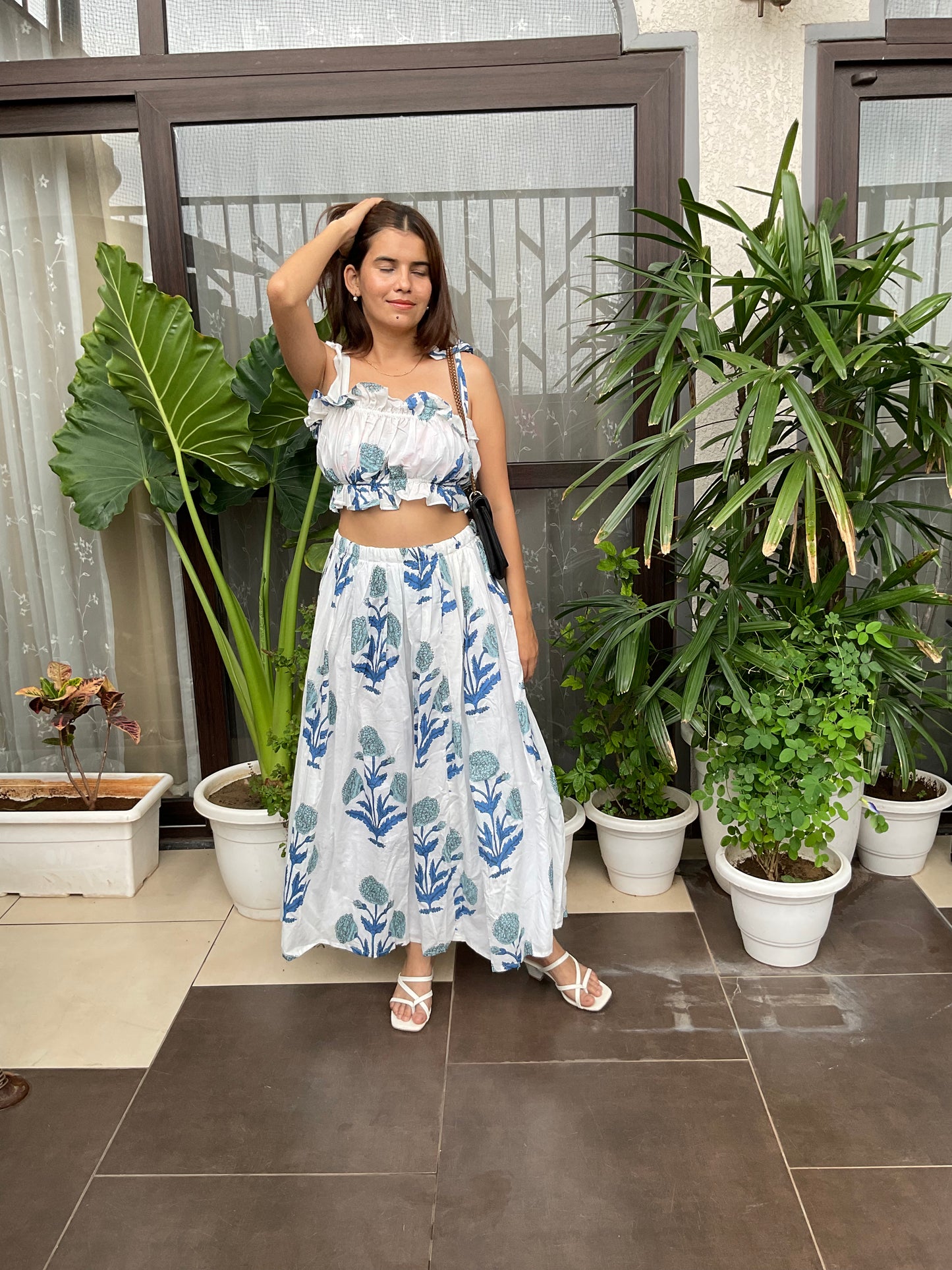 Jaipuri Print Shoulder Tie-knot Crop Top & Skirt Set