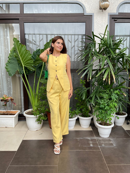 Soft Yellow Waist-coat Pant Co-ord Set