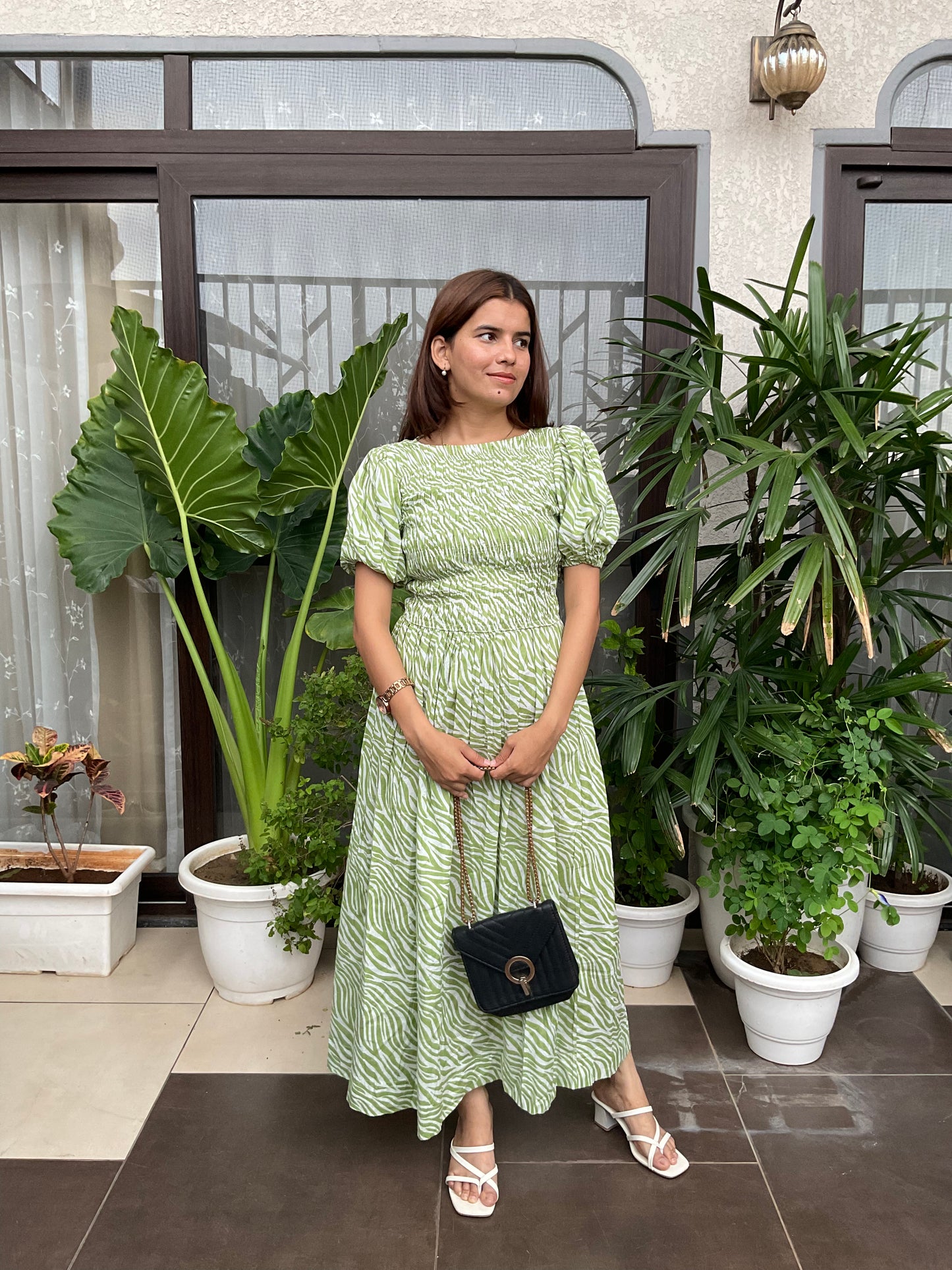 Green Zebra Print Smocked Maxi Dress