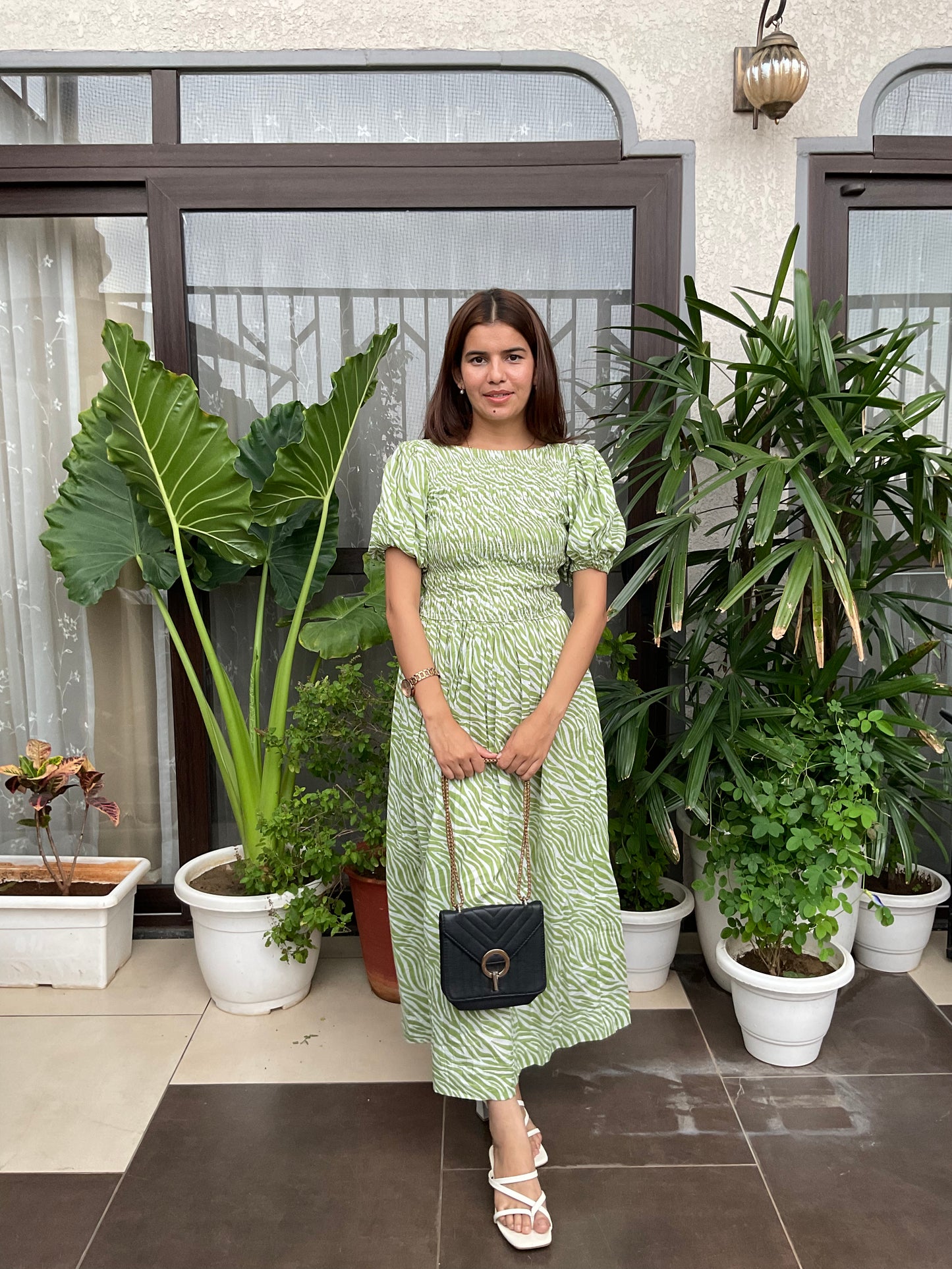 Green Zebra Print Smocked Maxi Dress