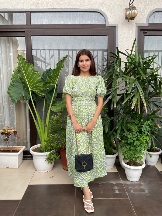 Green Zebra Print Smocked Maxi Dress