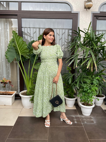 Green Zebra Print Smocked Maxi Dress