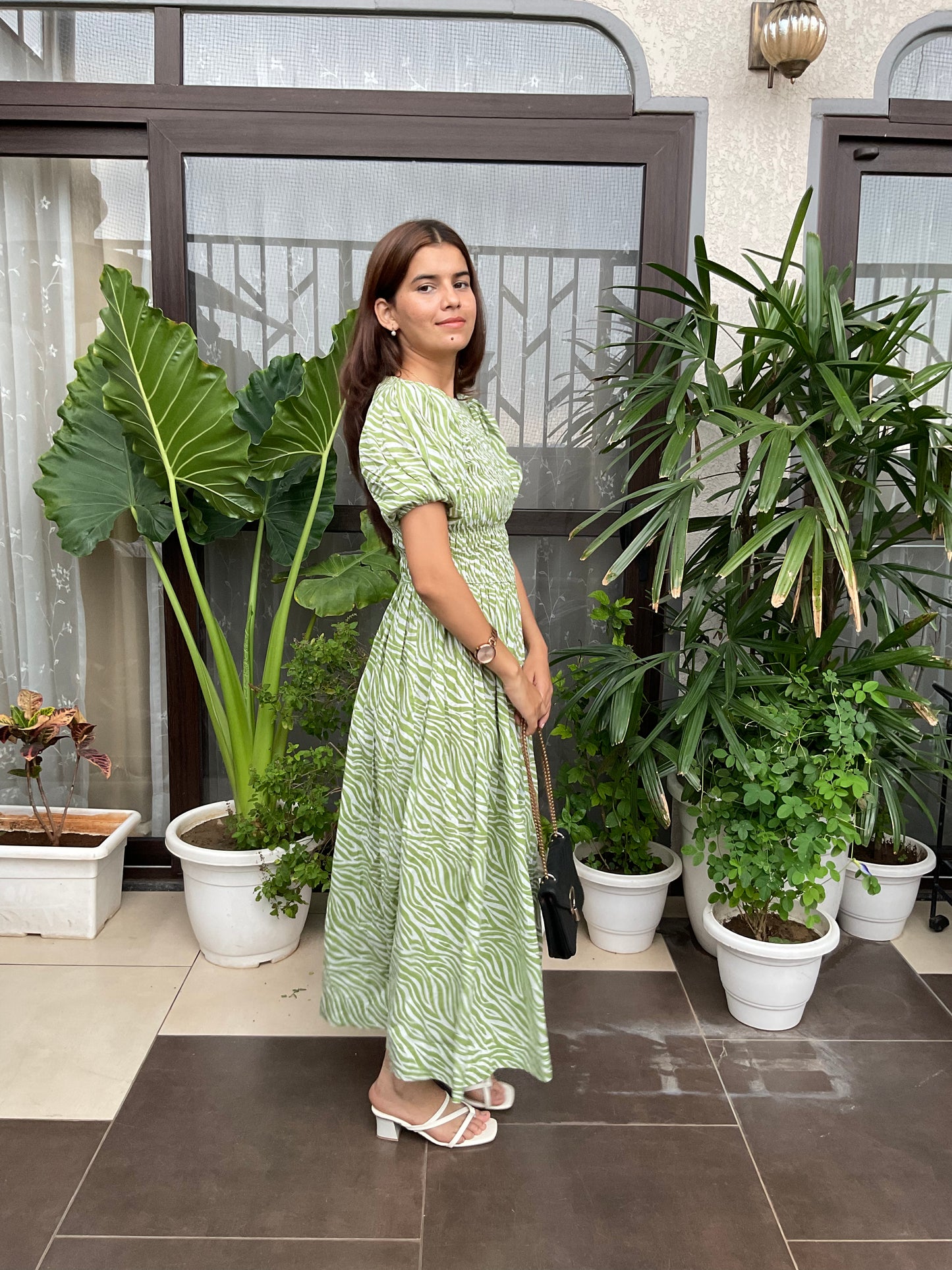 Green Zebra Print Smocked Maxi Dress