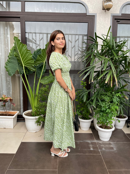 Green Zebra Print Smocked Maxi Dress
