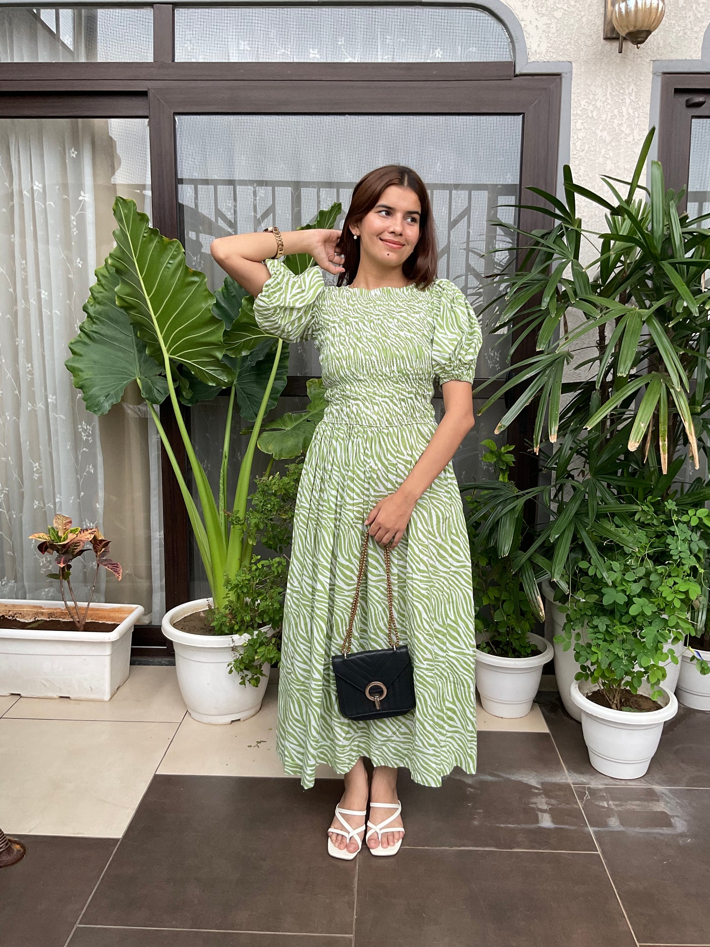 Green Zebra Print Smocked Maxi Dress