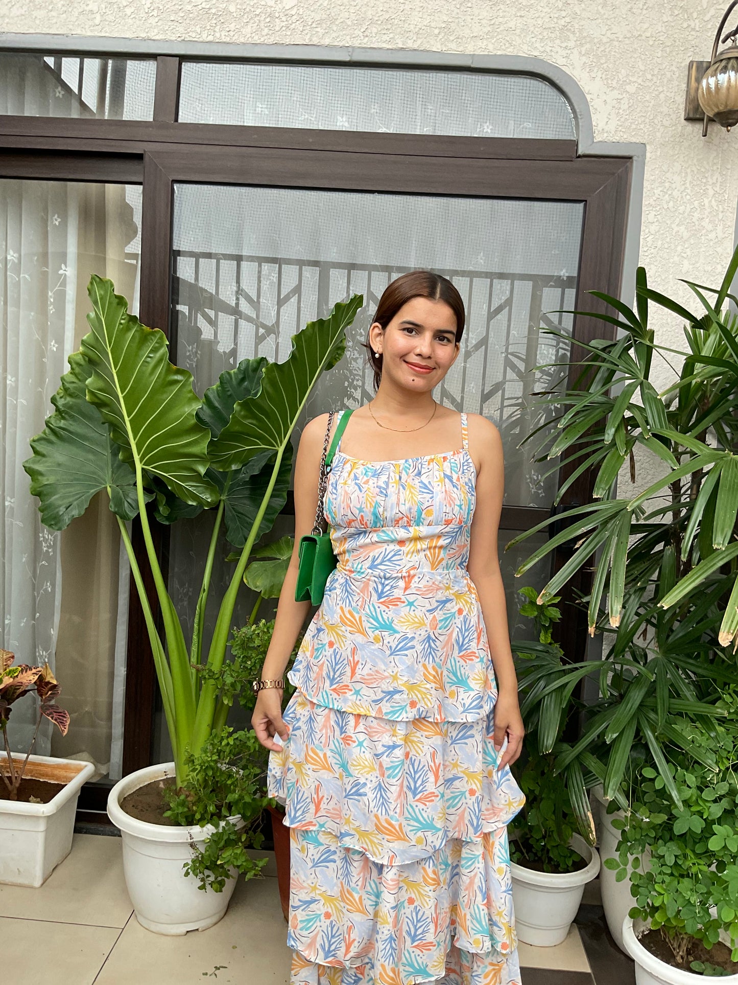 Multicolor Leaf Print Layer Maxi dress