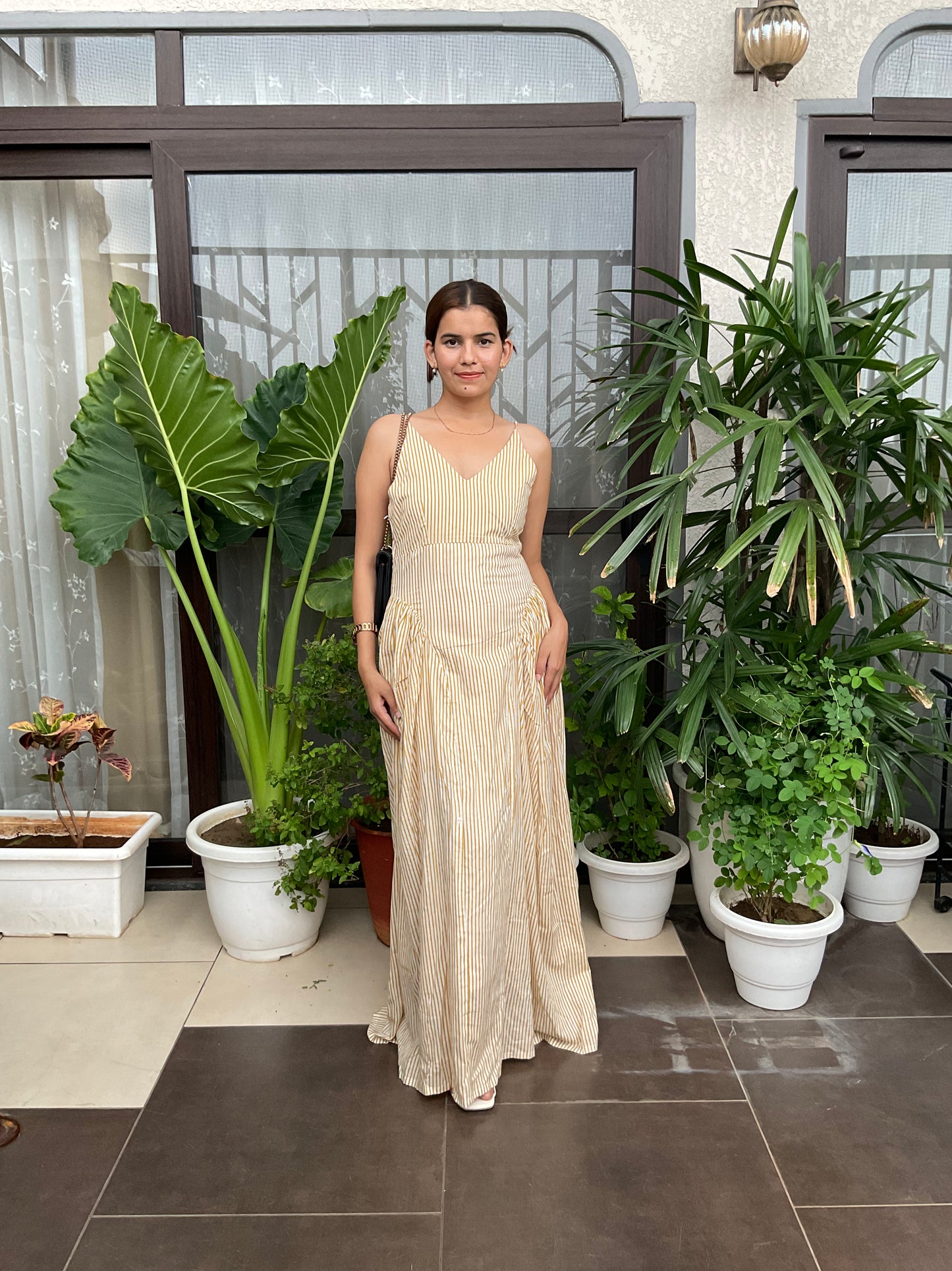 Stripped V-neck Strappy Maxi Dress