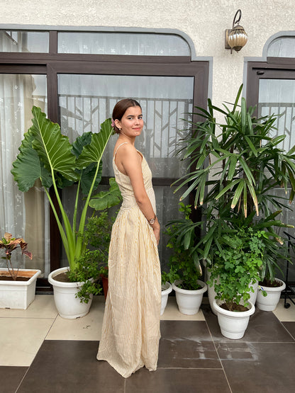 Stripped V-neck Strappy Maxi Dress