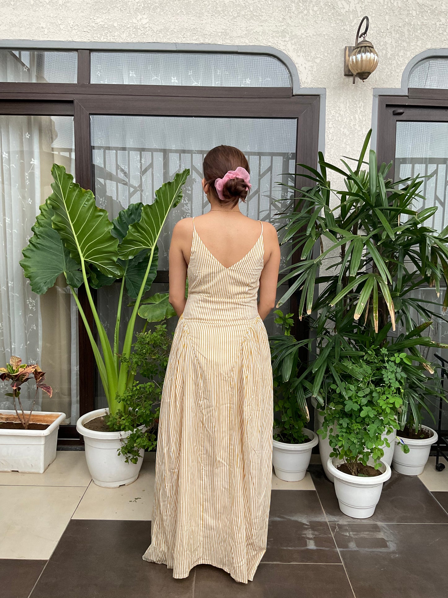 Stripped V-neck Strappy Maxi Dress