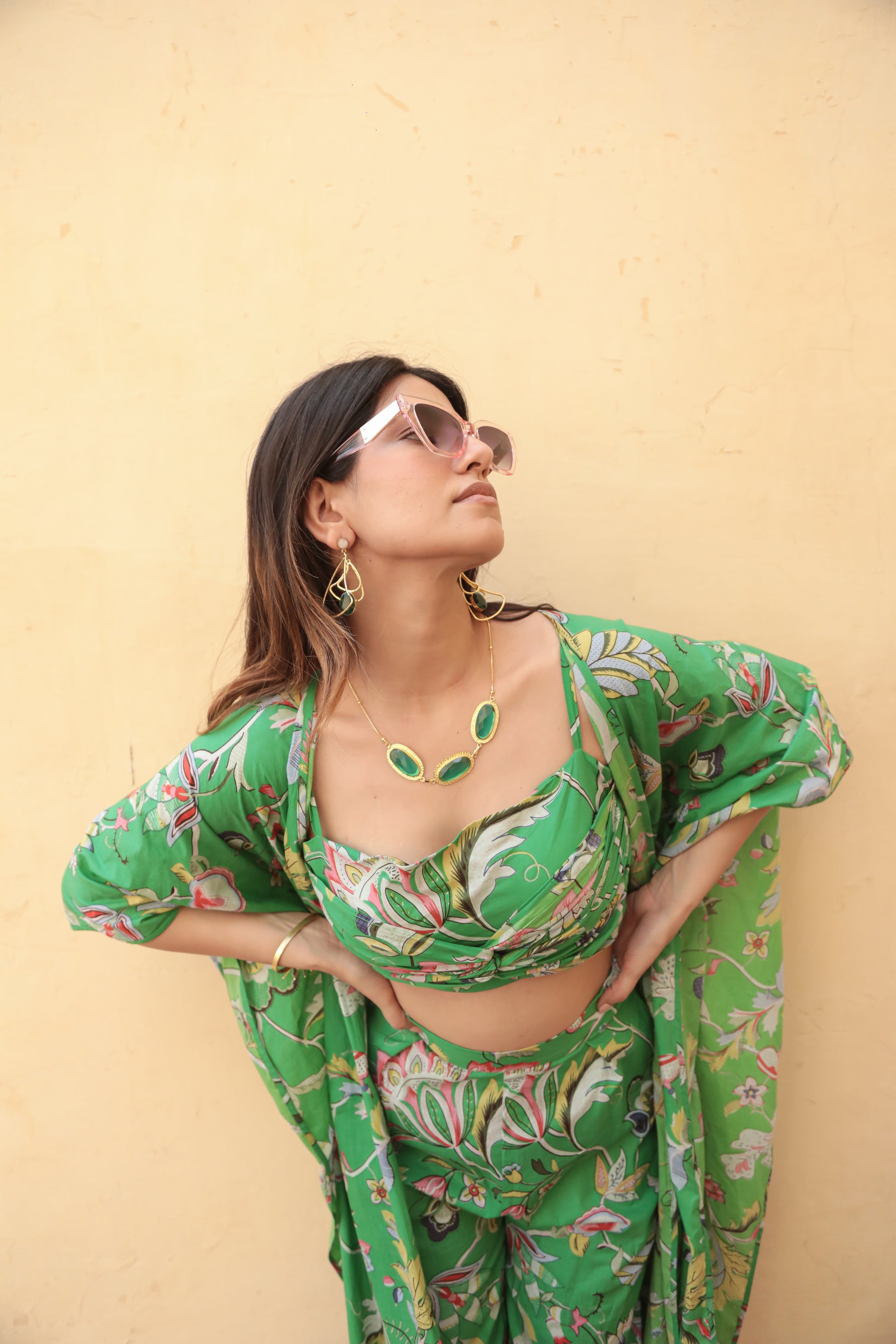 Floral green printed cape co-ord set