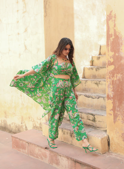 Floral green printed cape co-ord set