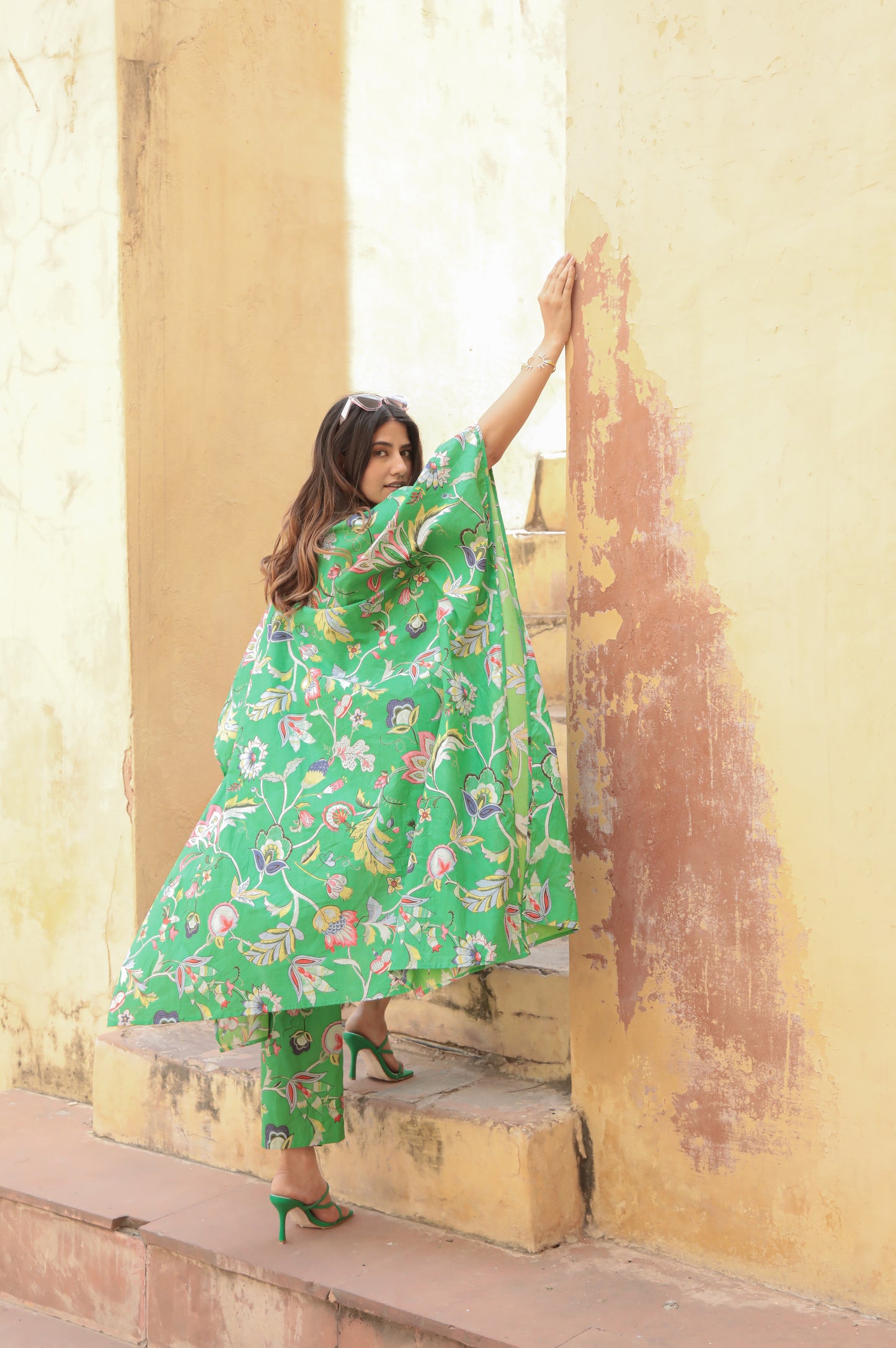 Floral green printed cape co-ord set