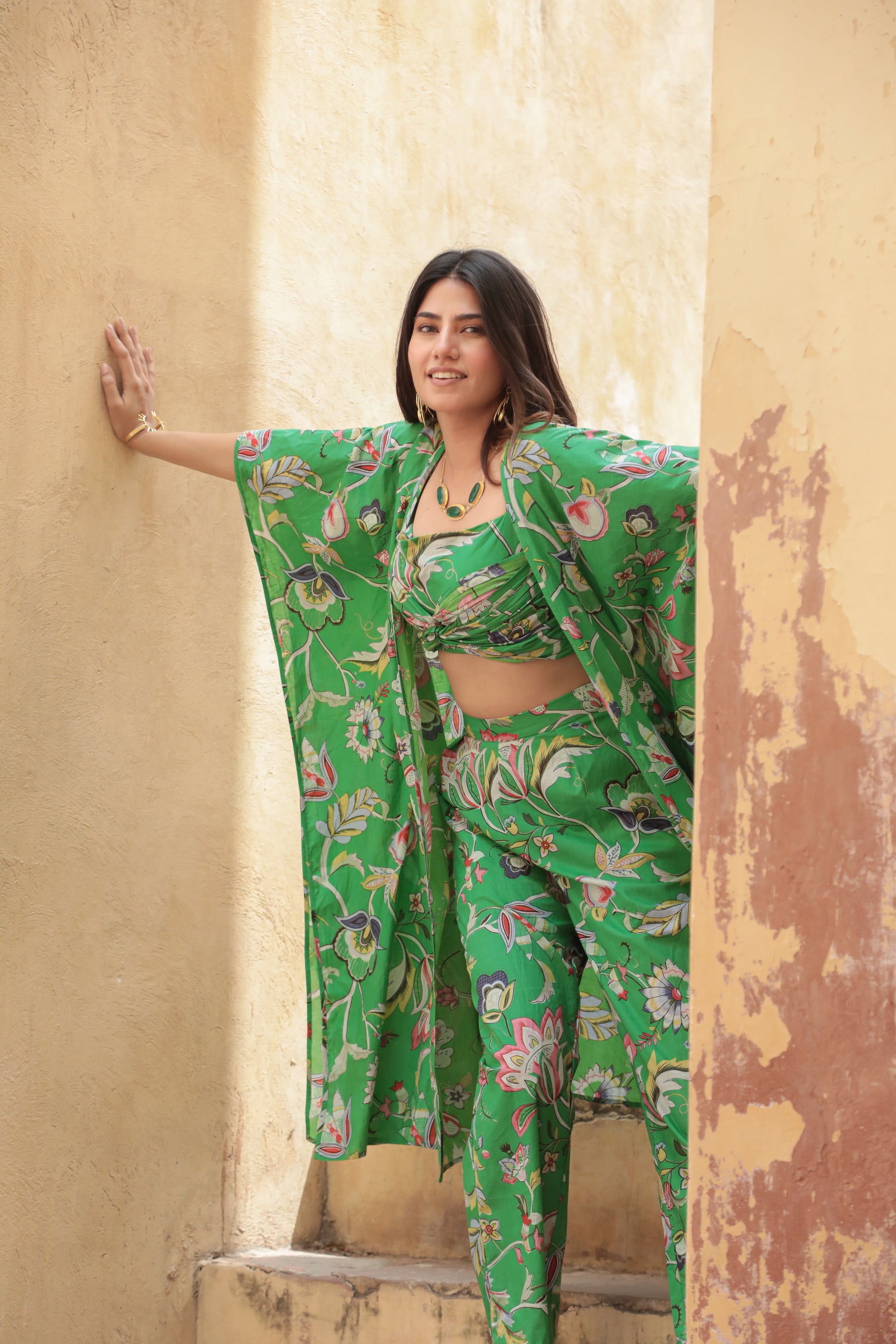 Floral green printed cape co-ord set