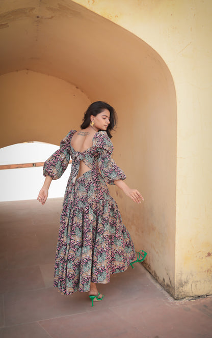 Tiger print back tie knot tier maxi dress