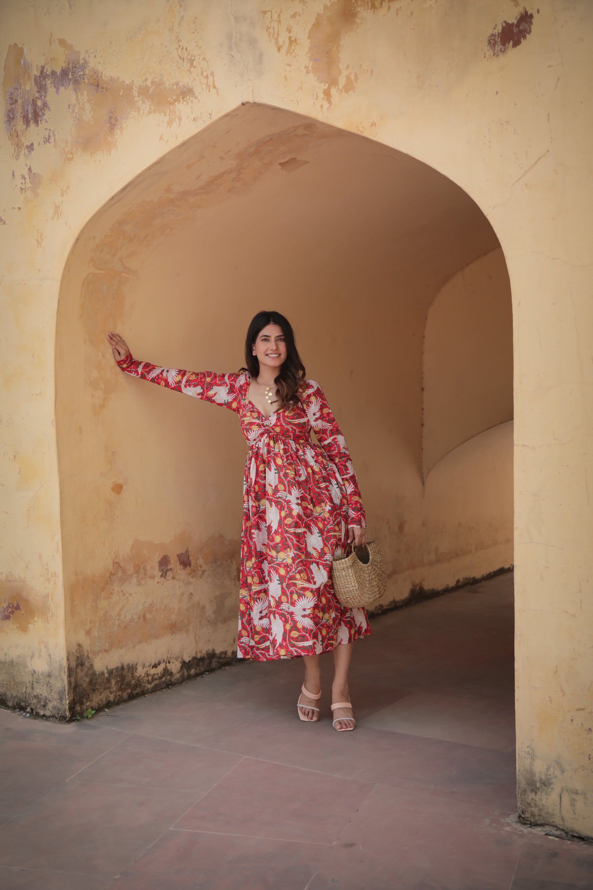 Bird print red full sleeves midi dress