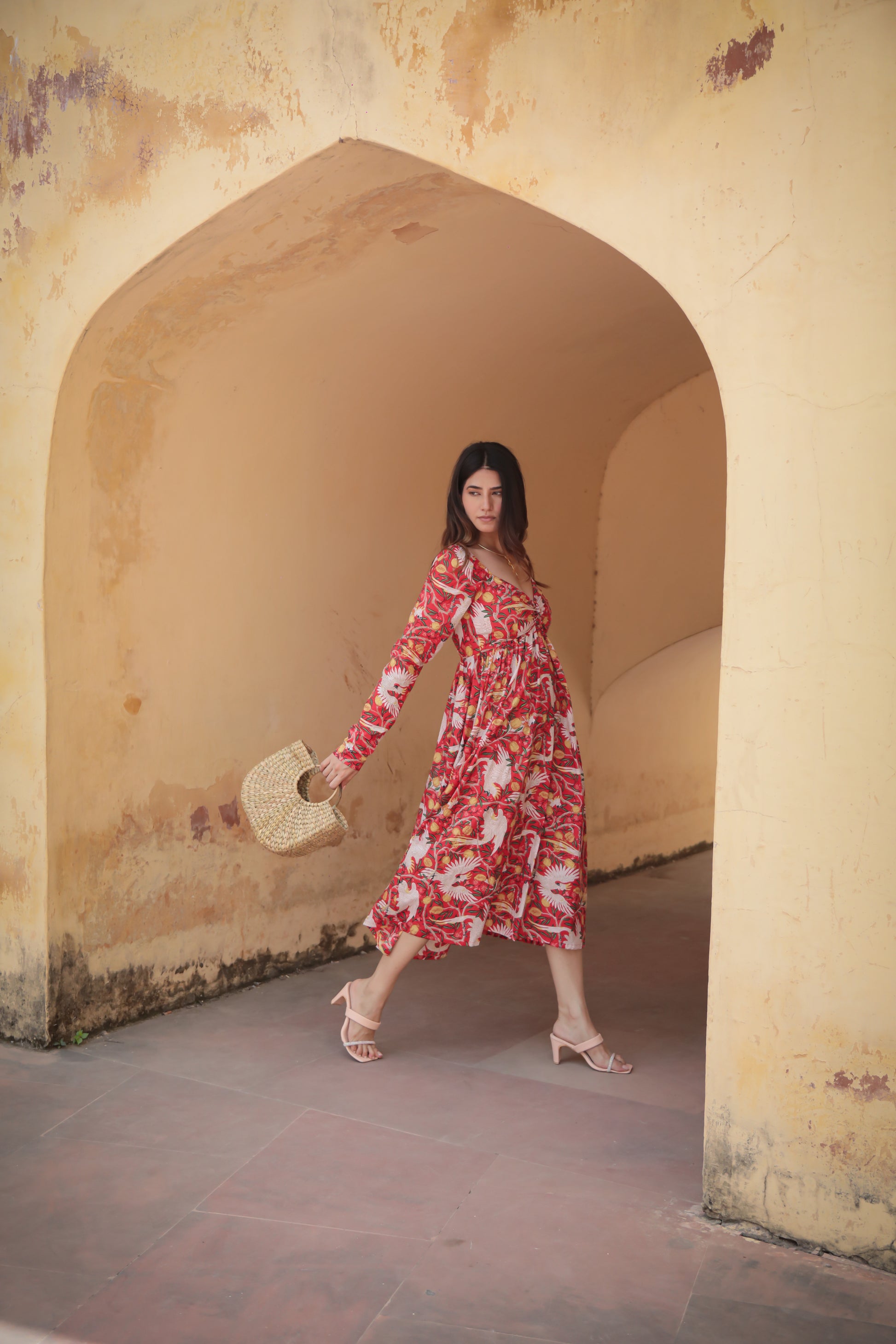 Bird print red full sleeves midi dress