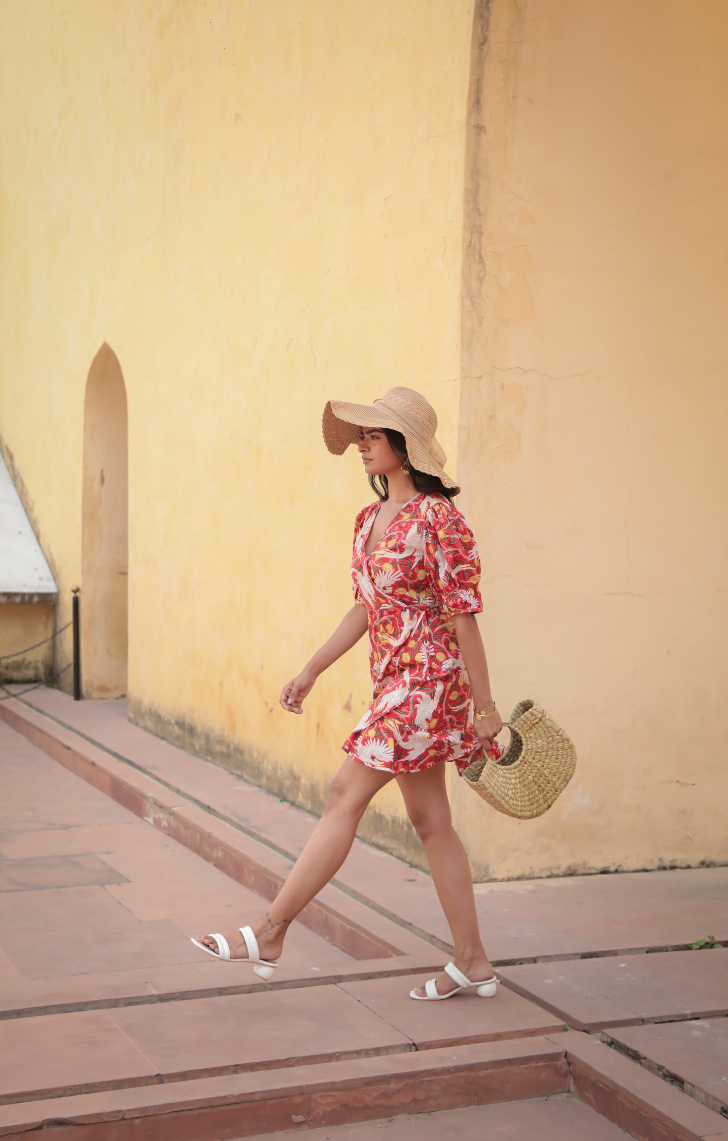 Bird print ruffle hem V-neck short dress