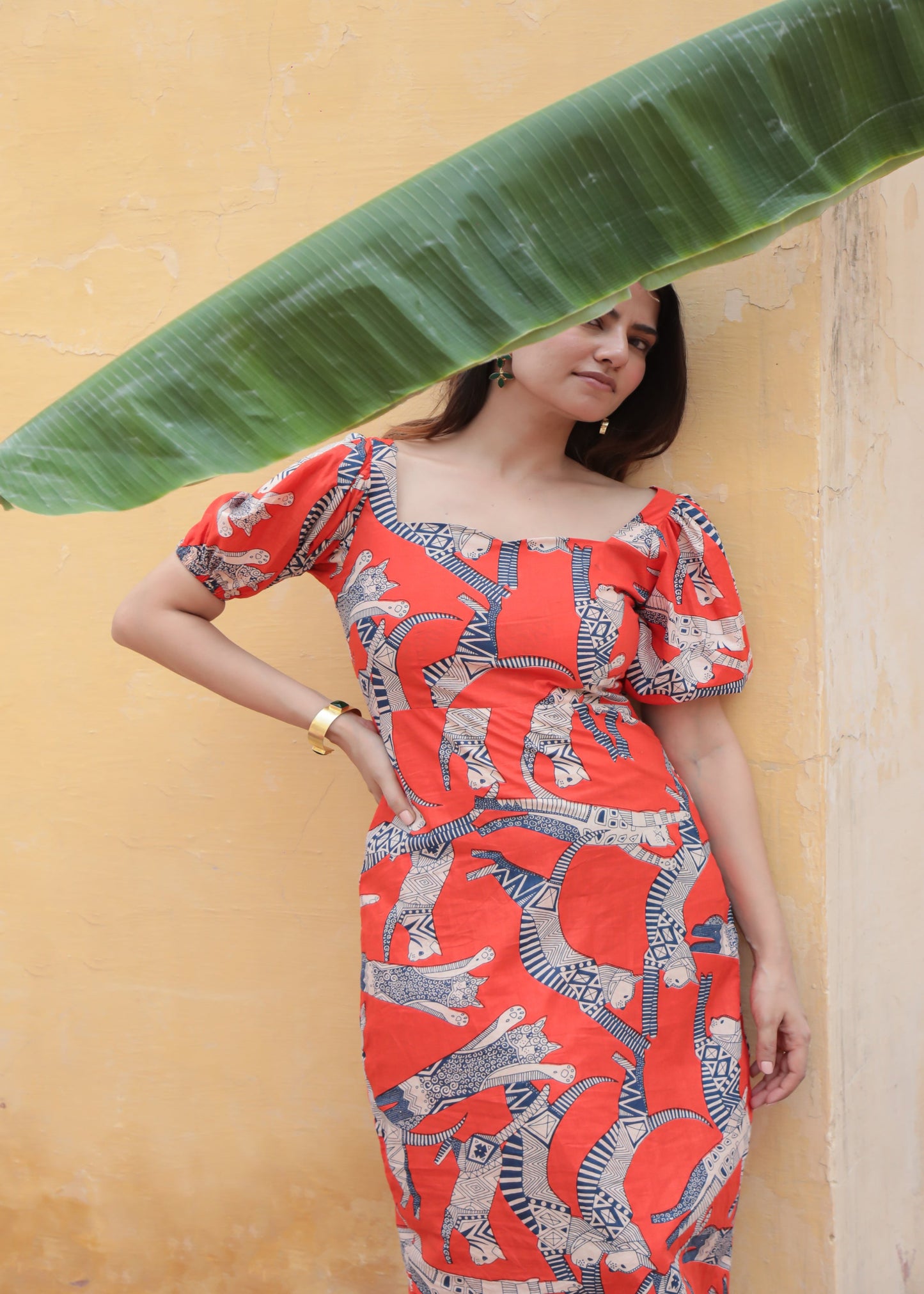 Cat print orange bodycon cotton midi dress