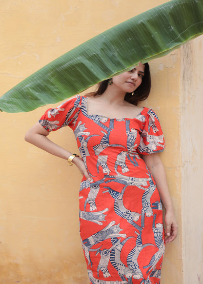 Cat print orange bodycon cotton midi dress