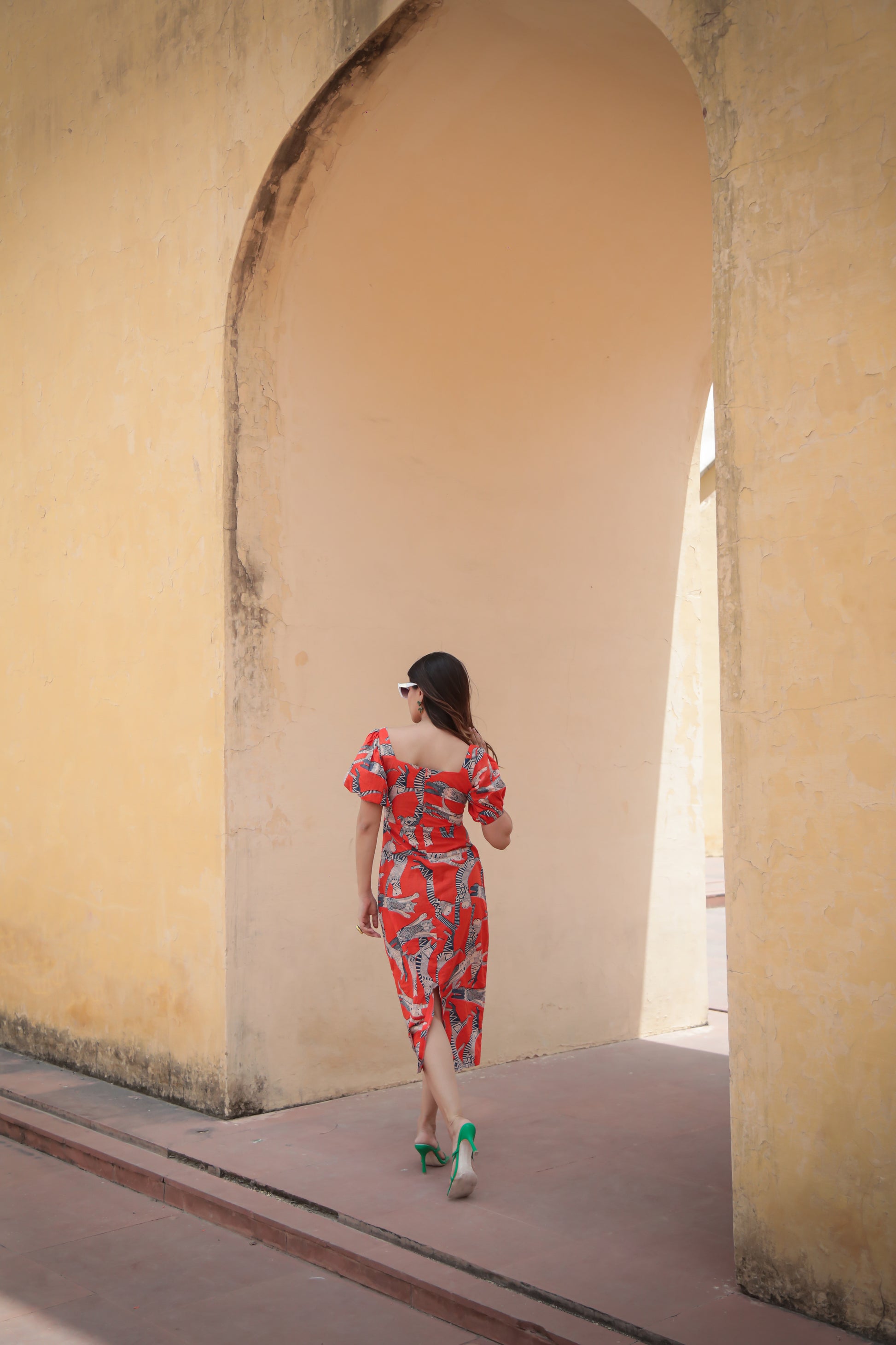 Cat print orange bodycon cotton midi dress